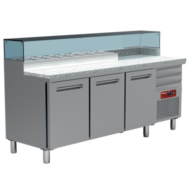 DIAMOND - Table frigo pizzeria - 3 portes en 600x400 - 3 tiroirs neutres en 600x400 - structure réfrigérée 8x GN1/4