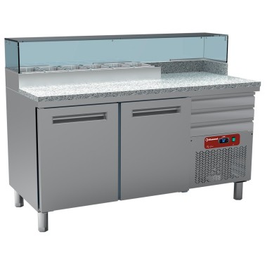 DIAMOND - Table frigo pizza 2 portes en 600x400 - 3 tiroirs neutres en 600x400 - structure réfrigérée 6x GN 1/4